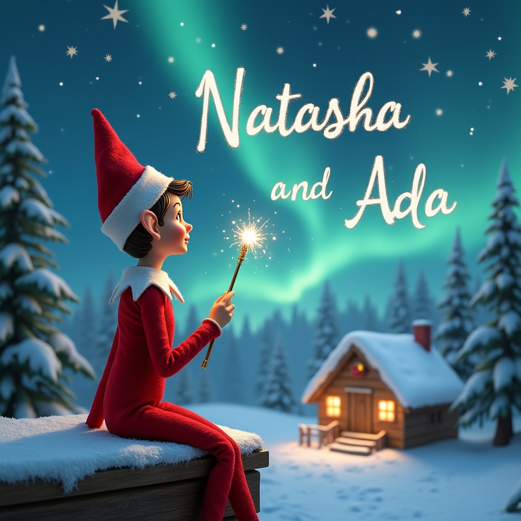 An elf sits on a wooden ledge, looking at a magical sky filled with stars. Dressed in a red outfit, the elf has a pointed hat and holds a sparkling wand. With the wand, they write the names 'Natasha' and 'Ada' among the stars. The background reveals a snowy landscape with charming houses and evergreen trees. The scene captures the enchantment of childhood and the spirit of Christmas.