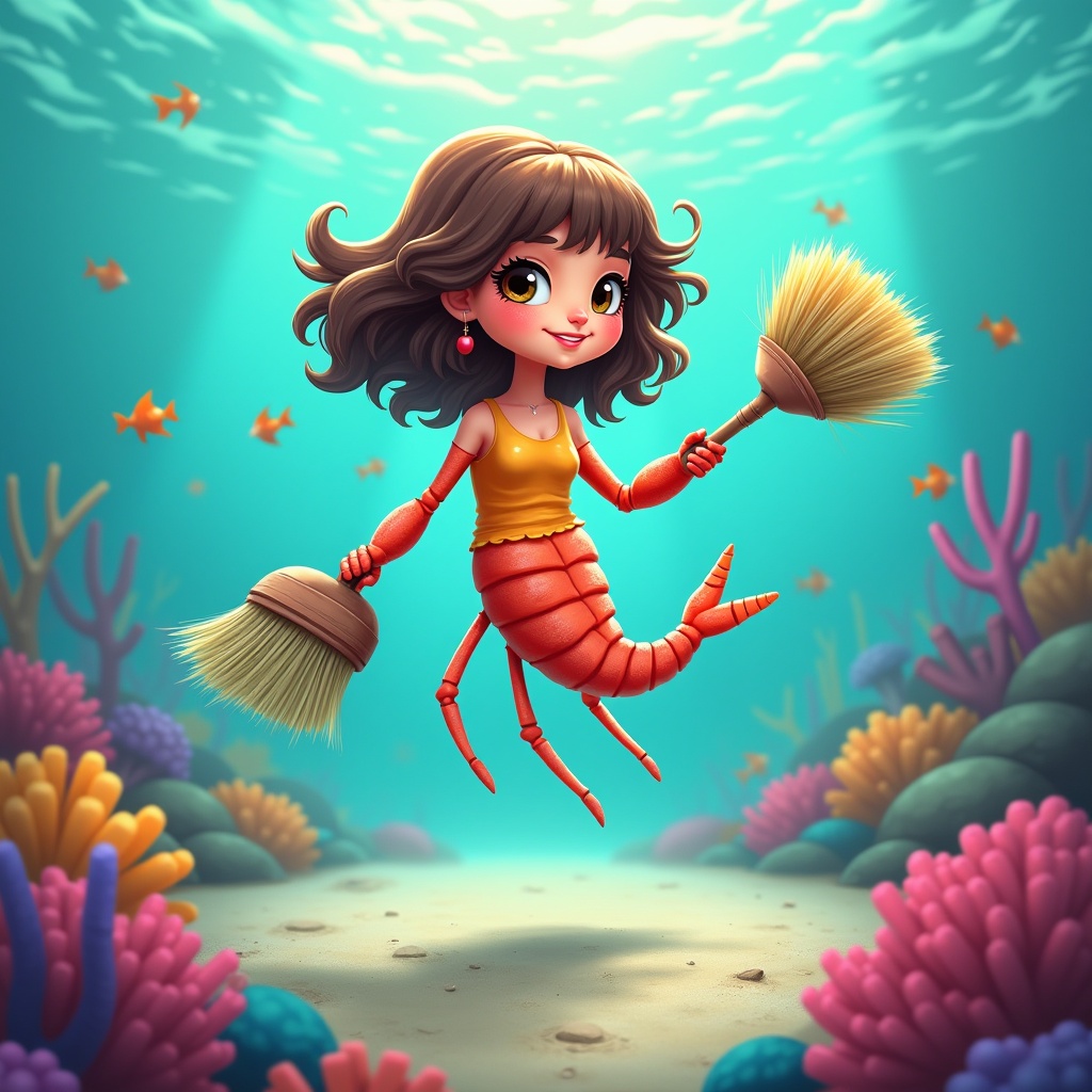 Digital illustration features a shrimp-bodied character navigating underwater environment. Character holds broom and dustpan. Vibrant coral reefs and small fish surround character. Light filters through turquoise water. Focus on dynamic pose and textures.