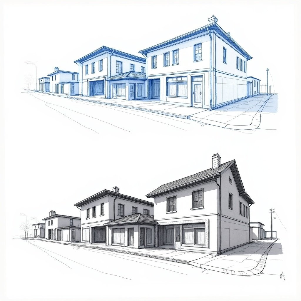 Illustration features a preliminary drawing with blue mechanical pencil and visible construction lines. A final drawing is shown on marker paper in black pencil. It includes various buildings, one with a pitched roof, sidewalks, alleys, and driveways. The buildings have detailed styles; depth in windows and doors enhances aesthetics. Thick and thin lines add dimension to the final drawing.