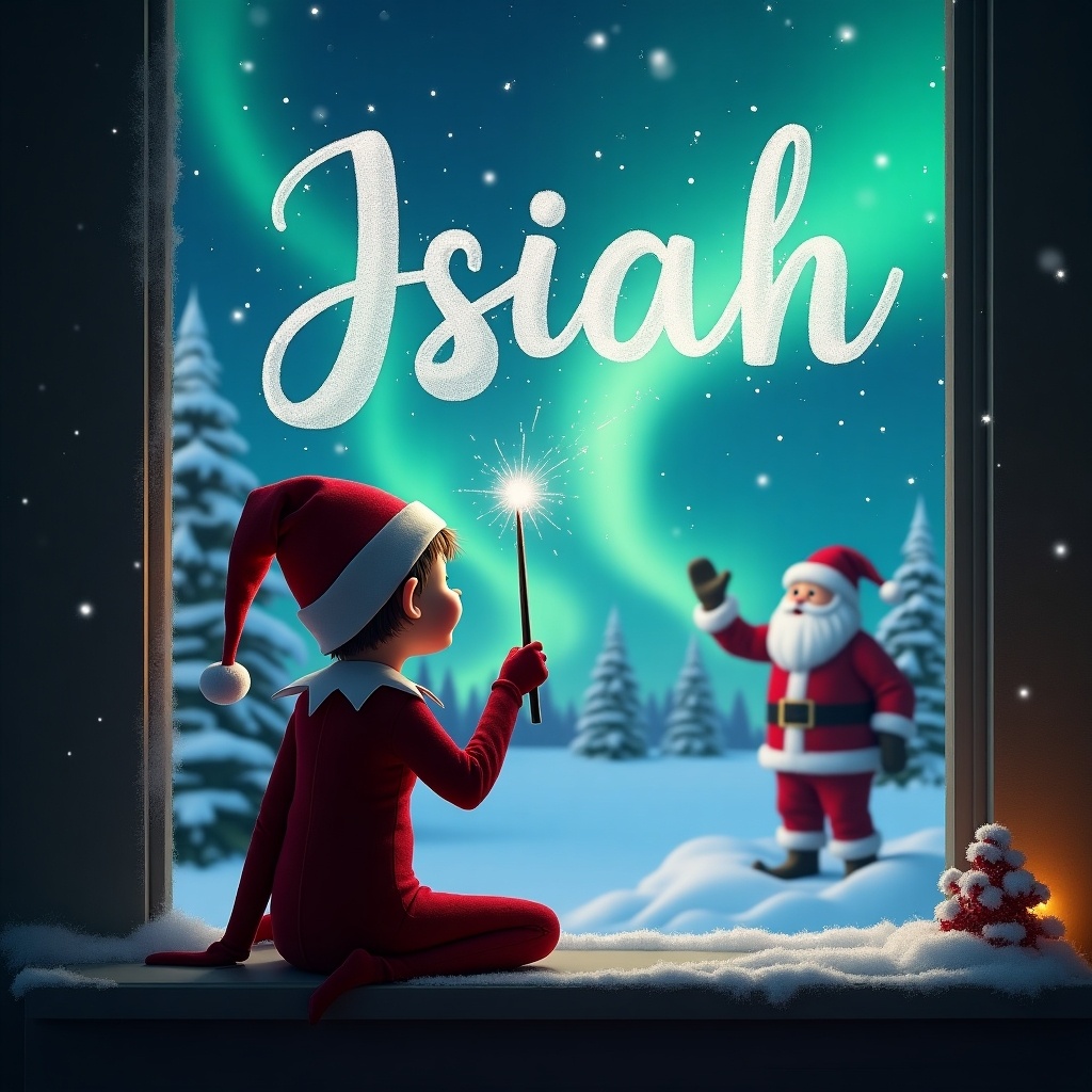 Elf sitting by the window writing the name Isaiah with a wand. Magical Christmas scene with Santa, northern lights, snowy landscape. Cozy and festive atmosphere.