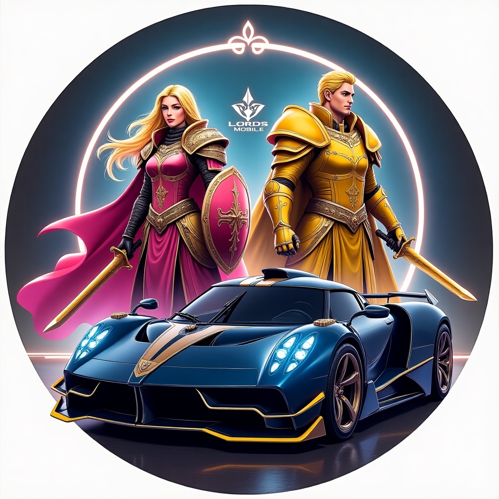 The artwork features two heroes from Lords Mobile: Rose Knight and Oath Keeper. Rose Knight is portrayed as a strong female warrior in dark pink armor with golden accents. She wields a sword and shield, radiating elegance. Oath Keeper is depicted in shiny bright yellow armor, holding a two-handed sword and showing a brave stance. Behind them is a sleek Pagani car in dark blue and black, blending the fantasy and modern elements. The official Lords Mobile logo is included to tie the design together.