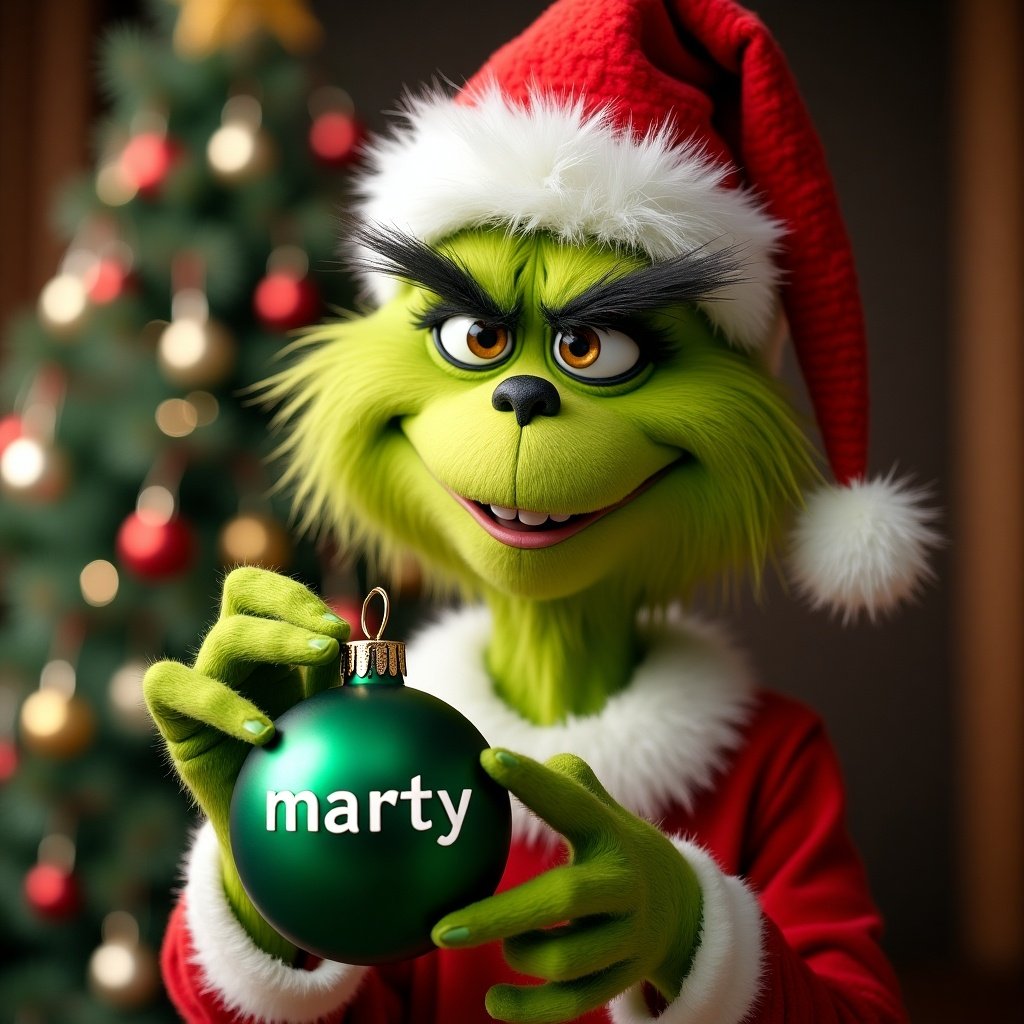 The Grinch holds a green ornament with the name Marty. The Grinch wears a Santa hat. A Christmas tree is in the background.