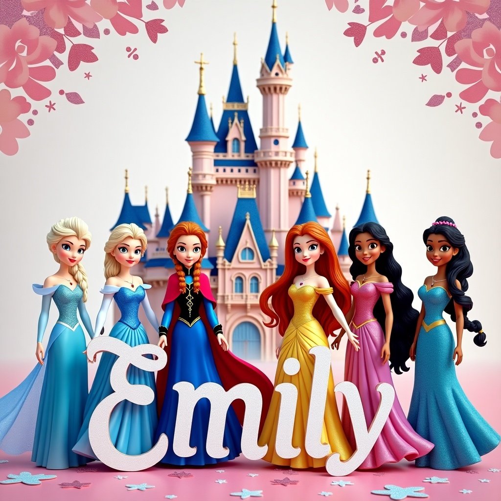 Create a magical setting with Disney Princesses. Background features Disney Castle. Characters include Elsa, Anna, Rapunzel, Belle, Moana, Cinderella, Snow White. Sparkling details enhance the scene. Name displayed is Emily.