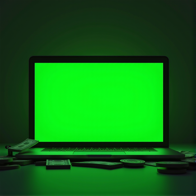 A laptop with a bright green screen is surrounded by scattered dollar bills and coins.