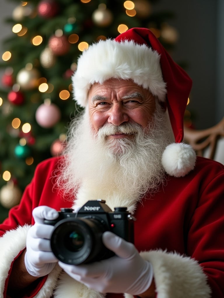 Santa in a red suit holds a camera. Behind him is a lit Christmas tree with ornaments. The atmosphere feels festive and warm. Santa's traditional outfit adds to the holiday spirit.