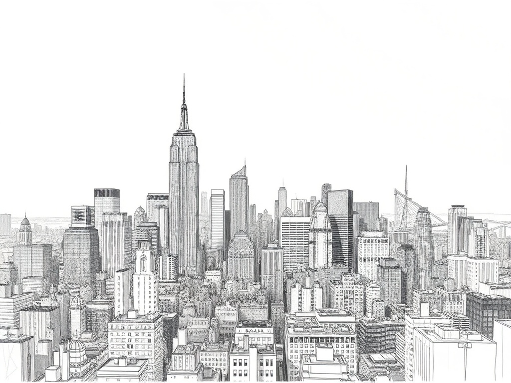 A detailed hand-drawn sketch of a city skyline with tall buildings, including an iconic tall building resembling the Empire State Building, surrounded by various other skyscrapers under an empty sky.