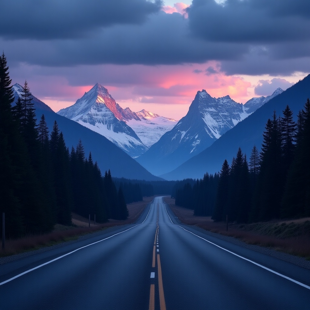 A road surrounded by blue and purple mountains and evergreens, along with greyish dark purple clouds, and a rich, dark blue sky.