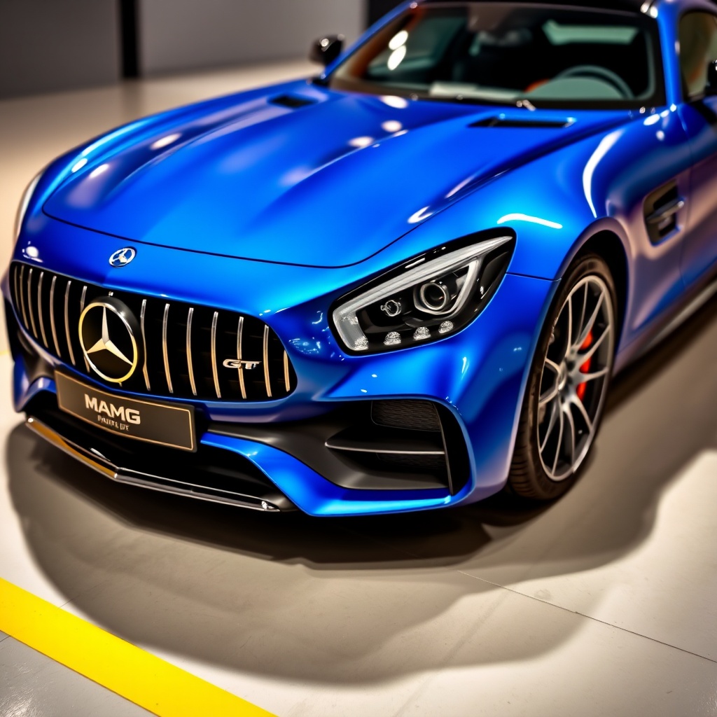 A sleek blue sports car with a prominent front grille and bold headlights.