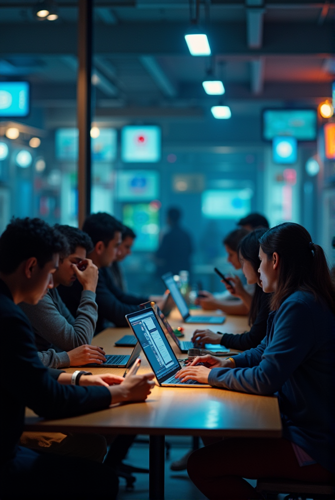 People working on laptops and phones in a dimly lit tech workspace.