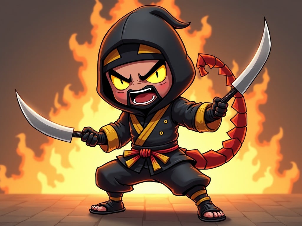 A cartoonish ninja in an action pose with dual swords and a scorpion tail, standing against a fiery background, chibi style, vibrant colors, dynamic and expressive.