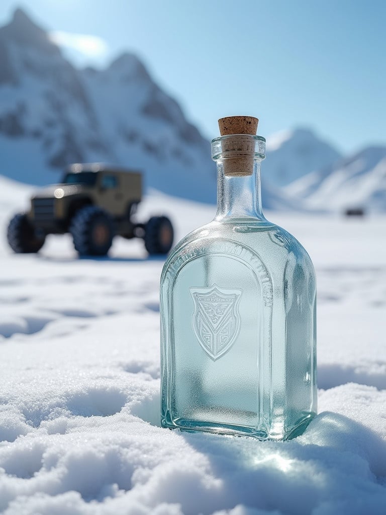 A crystal-clear glass bottle with rounded edges sits in deep snow. The etched shield emblem is visible on the bottle. Aged cork stopper seals the top. Frost clings to the bottle's surface. An all-terrain vehicle is partially visible in the background. Jagged mountains loom under a cerulean sky.