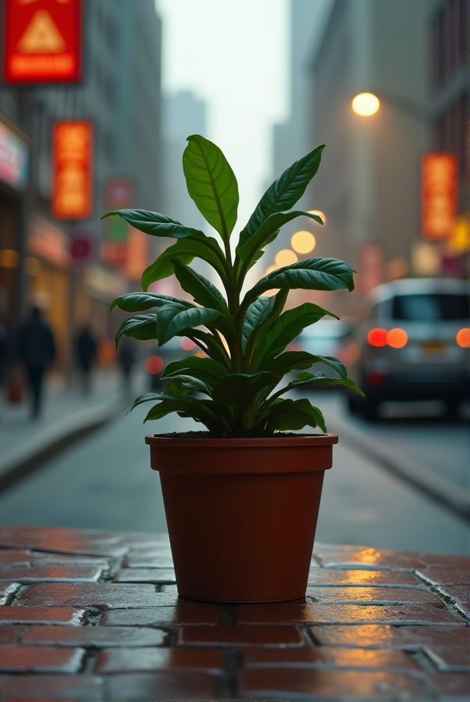 A potted plant sits on a wet brick surface in a bustling urban street, with blurred city lights and traffic in the background.