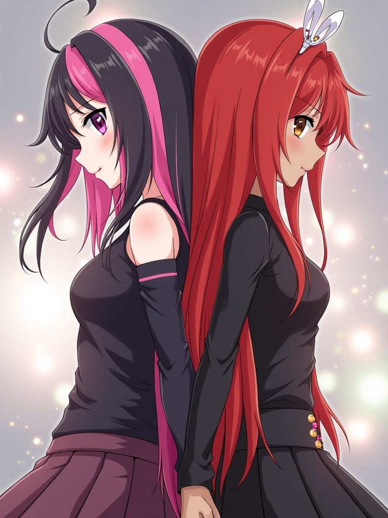 Two anime girls stand back to back. One girl has pink and black hair with pink lip gloss. She wears a black and pink outfit. The other girl has long red hair and brown eyes. She has dark skin and wears black and red clothing. The background has flashing lights.