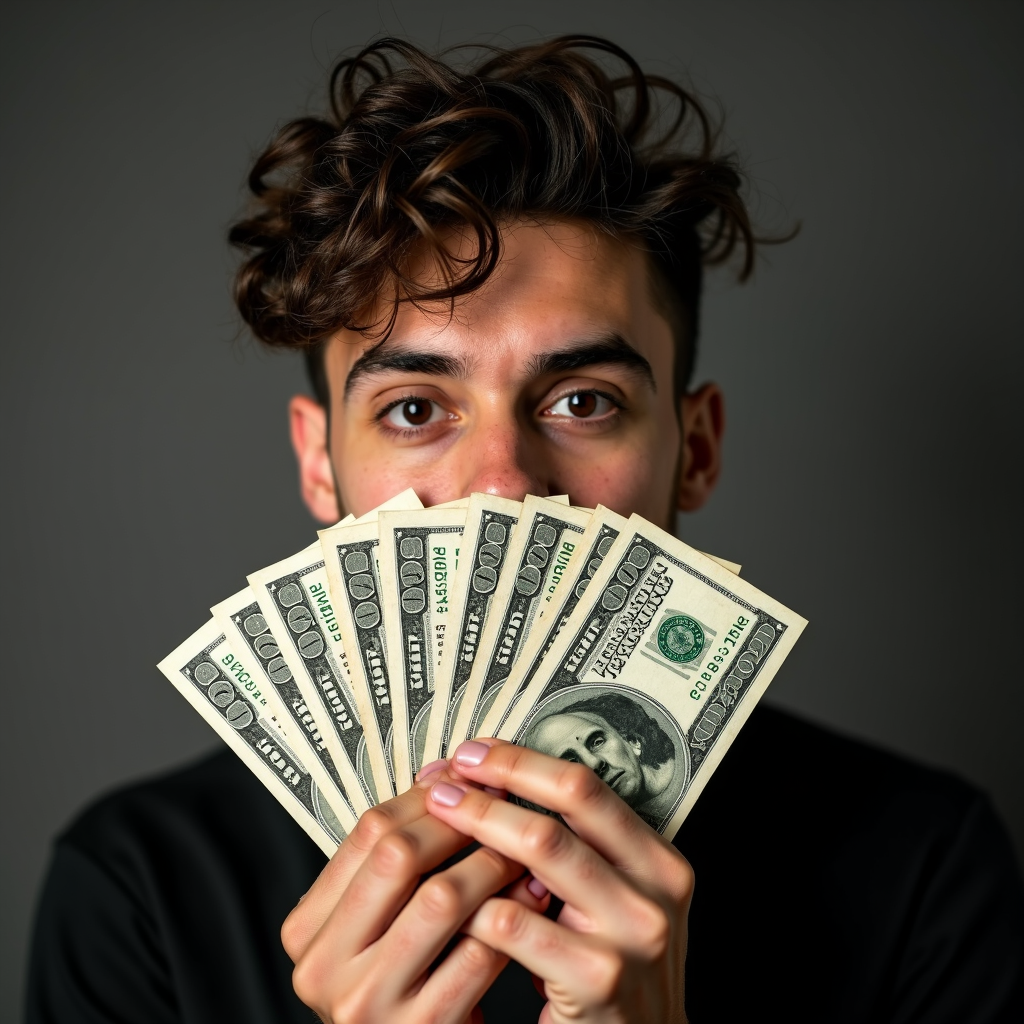 A person with curly hair is holding a fan of $100 bills, covering their face up to the eyes.