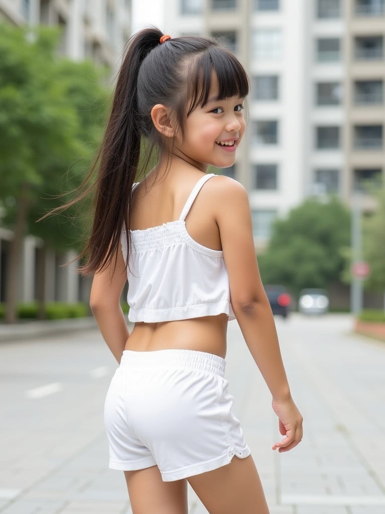 A young girl has long hair tied in a ponytail. She wears a white two-piece outfit. She is turning slightly and smiling softly. The setting is urban with buildings and greenery. The atmosphere is relaxed and summery.