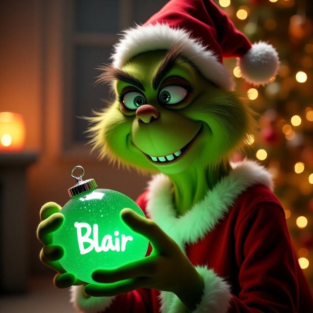 A Grinch character holds a glowing green bauble with the name Blair. The scene is festive with decorations and soft lighting.