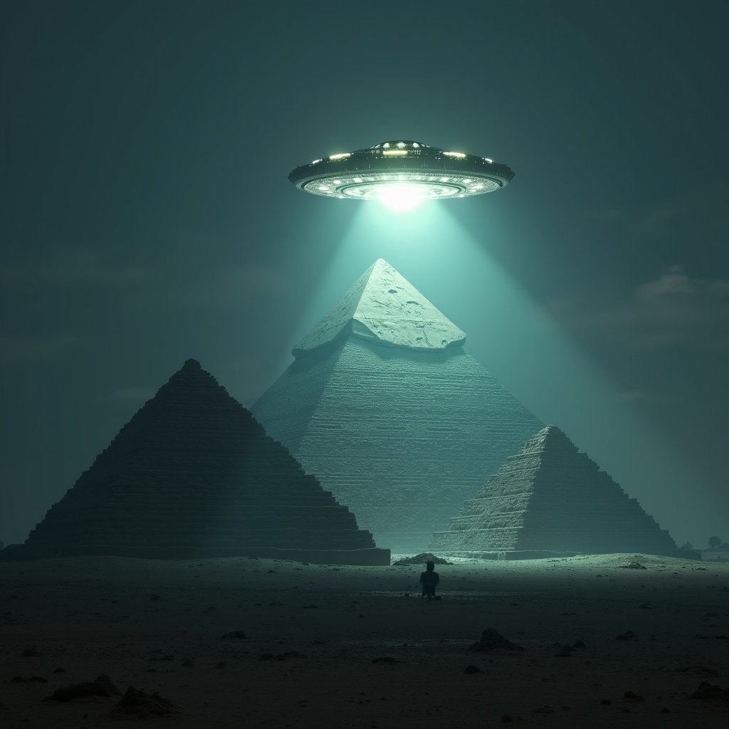 The image depicts a UFO-like craft hovering menacingly above the ancient pyramids of Egypt. A bright, ethereal light shoots down from the spacecraft, casting a glow on the pyramids, suggesting they are being studied or observed. The pyramids stand tall, illuminated in a dark, dramatic setting, blending sci-fi imagery with historical architecture. The scene evokes feelings of mystery and intrigue, as the viewer contemplates the connection between ancient structures and extraterrestrial life. This conceptual artwork merges elements of ancient history with the enigma of UFO lore, creating a captivating visual narrative.