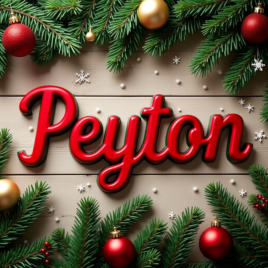 Image of the name Peyton in red letters with gold and red ornaments. Surrounded by evergreen branches and snowflakes on a wooden background. Suitable for holiday cards and decorations.