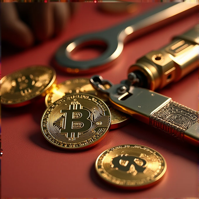 The image features shiny gold bitcoins artistically scattered with a multi-tool on a red surface, symbolizing a blend of digital currency and mechanical precision.