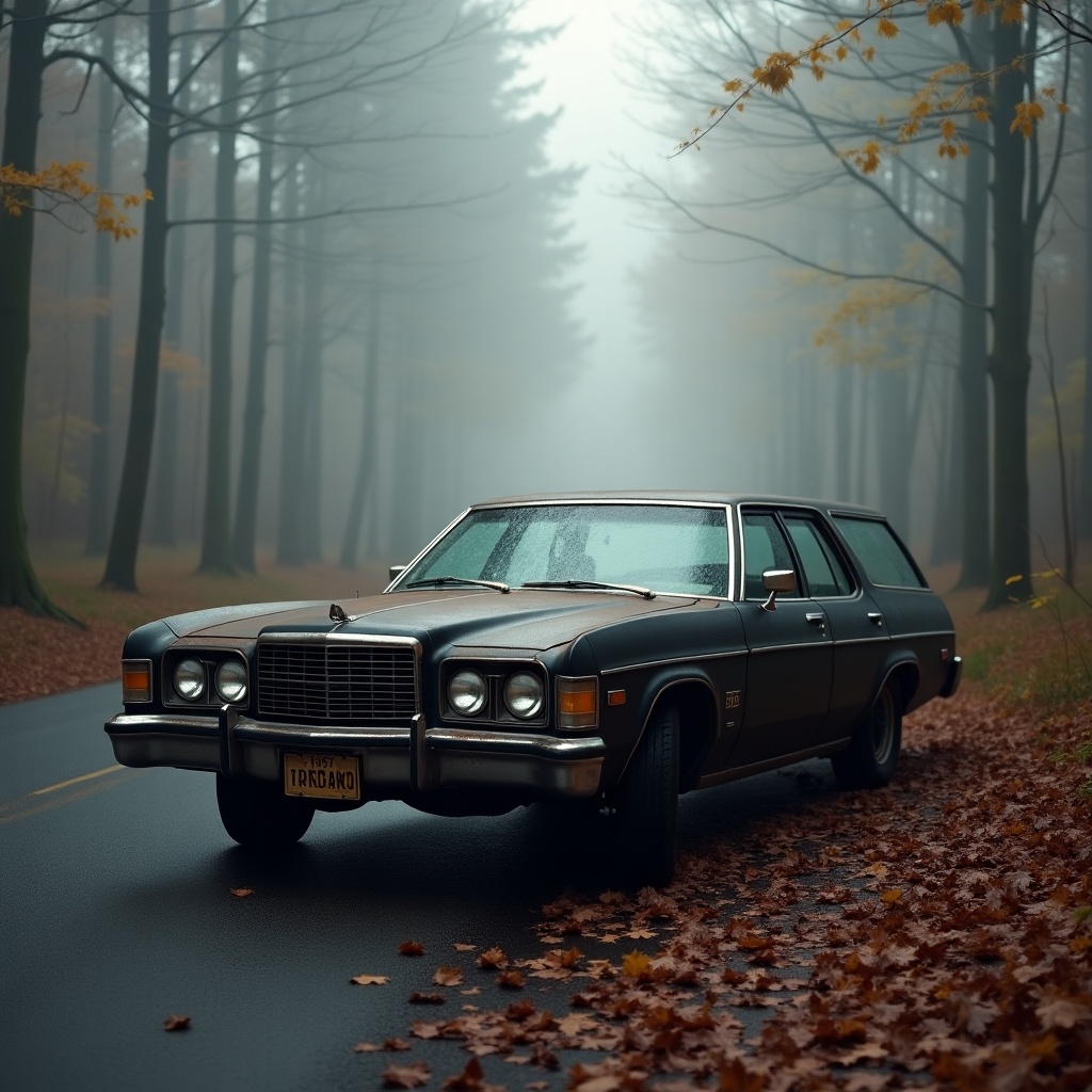 An old worn-out rusty matte black Ford Gran Torino wagon from 1975 is parked on a damp road in a foggy forest during fall. The atmosphere is thick with mist, enhancing the vintage feel of the car. Dark trees line the road, and fallen leaves cover the ground, adding to the autumn vibe. The photograph captures the essence of nostalgia for classic cars. The car's matte black finish contrasts beautifully with the surrounding nature. It features 4 round headlights, giving it a distinctive look.