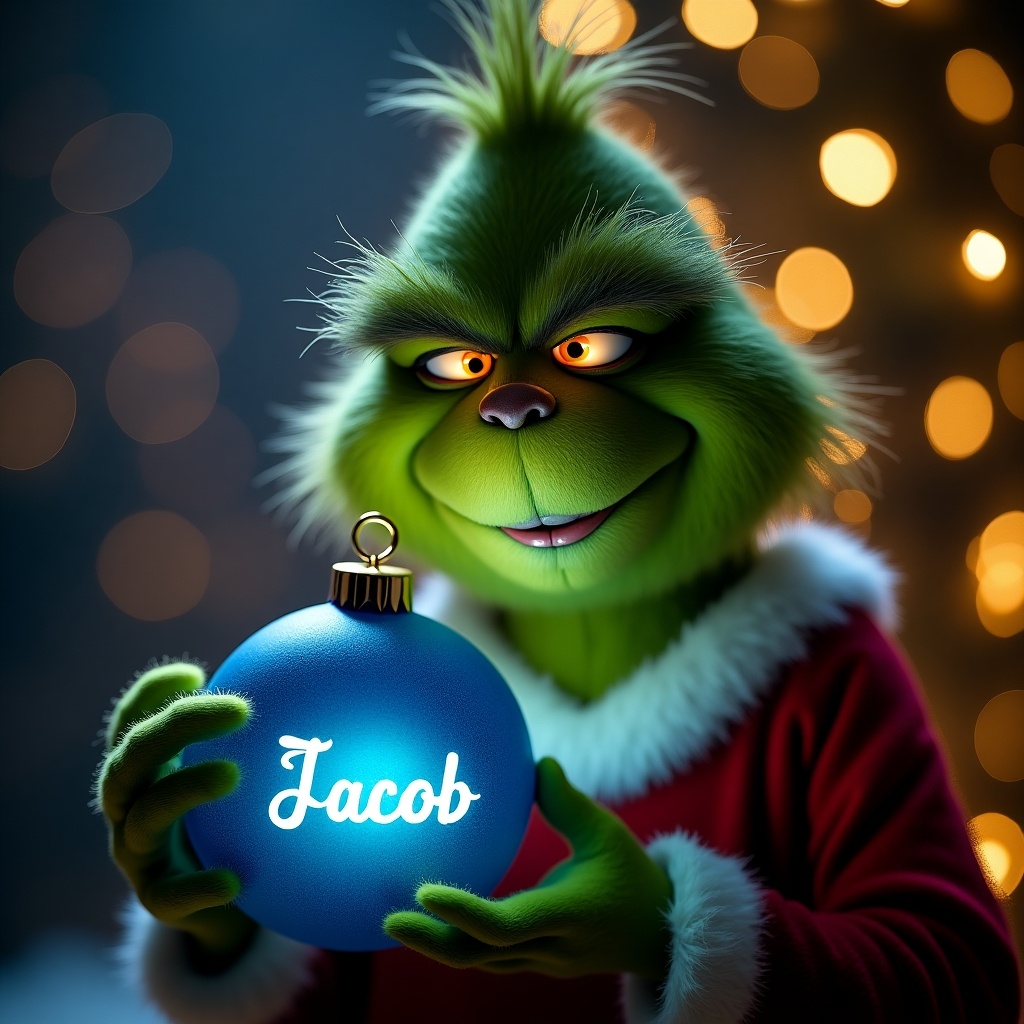 A Grinch is holding a blue Christmas bauble. The bauble has the name Jacob in elegant script. The bauble glows and casts light in a dark setting. Twinkling Christmas lights are in the background creating a magical atmosphere.