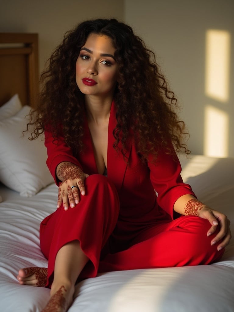 A woman with long curly hair poses on a bed. She wears a red outfit. Soft natural light filters into the room. Henna designs are on her hand and foot. The setting is intimate and serene. The image emphasizes elegance and confidence.