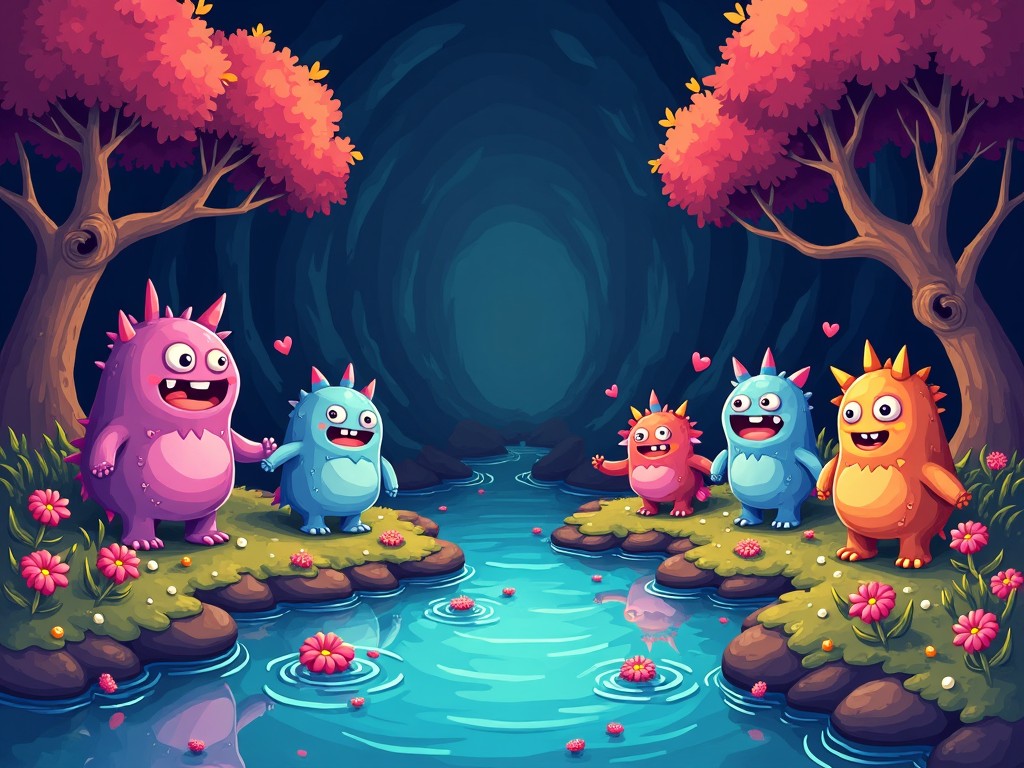 A whimsical scene featuring cute, colorful monsters gathered by a serene blue river. The characters are depicted with smiles, showing expressions of joy and friendship. They are surrounded by vibrant foliage and pink flowers, with heart motifs suggesting affection among them. The background has a deep, enchanting forest that adds depth to the image. Light filters through the trees, creating a magical atmosphere suitable for a children's story.