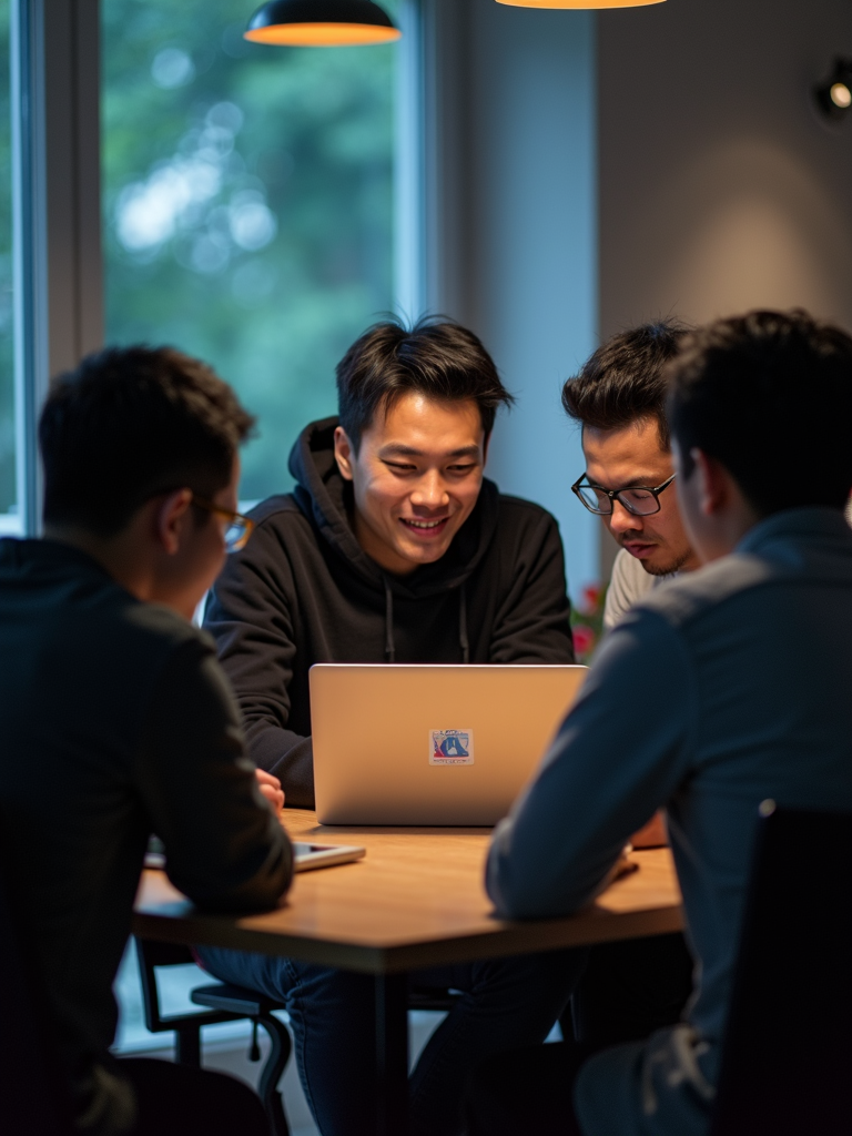 Four young men are gathered around a laptop engaged in a discussion in a warmly lit room.