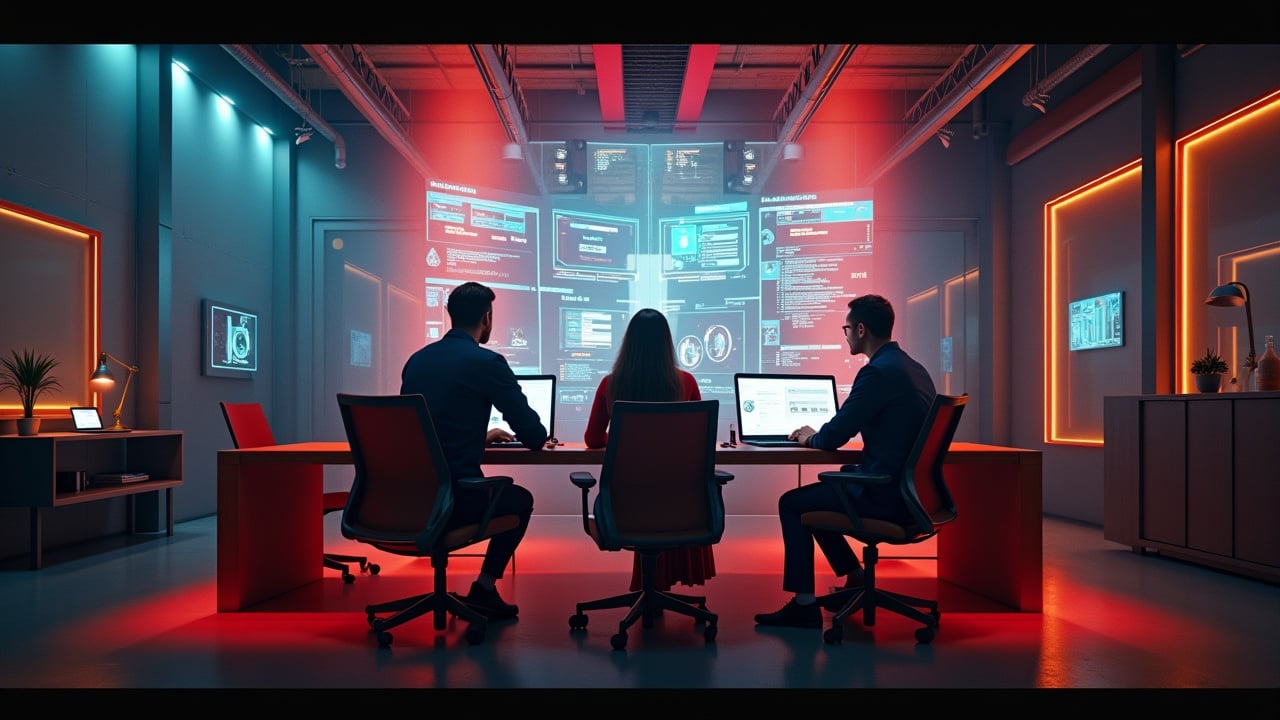 A diverse group of architects, engineers, and designers works together in a high-tech design studio. They are using BIM and AI tools to collaborate on a project. The atmosphere is magical and engaging. Shot with Arriflex Alexa.