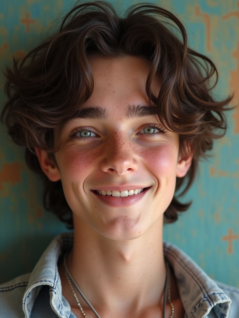 A young man poses with a calm demeanor. He has a heart-shaped face with a square jaw. His full cheeks have a subtle pink tint. The forehead appears rounded with a delicate nose. There is a warm smile on his lips. Skin shows light freckles and appears clear. He has almond-shaped blue eyes and arched eyebrows. A long neck is prominent. Hair is thick, dark brown, and slightly wavy. Attire includes jeans and a bohemian shirt.