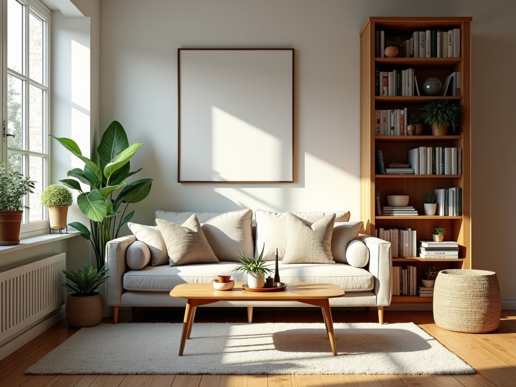 A cozy living room filled with natural light, featuring a comfortable beige sofa adorned with neutral pillows and a minimalist coffee table. The room is accented by lush green plants and a neatly arranged bookshelf, giving it a fresh and inviting ambiance. The soft, warm tones of the room, harmonize with the wooden flooring and furniture, creating a tranquil and stylish atmosphere.