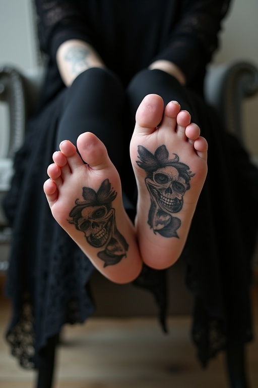 Mature goth woman with tattooed soles of her bare feet. Dark goth clothes worn by the woman. Sitting on a chair with feet on a table. Tattoos depict skull designs and floral elements.