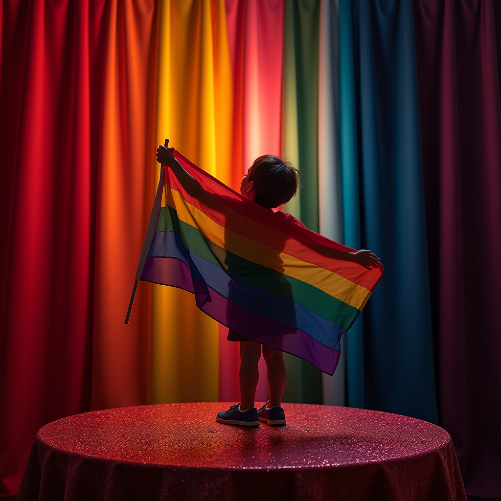 A child joyfully holds up a rainbow flag in front of colorful curtains.