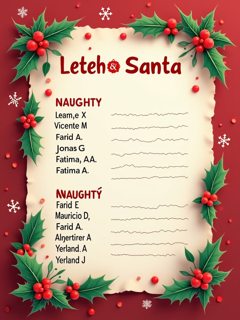 Letter from Santa featuring a Naughty and Nice list. Nice list includes names. Naughty list includes names. Decorated with festive Christmas elements.