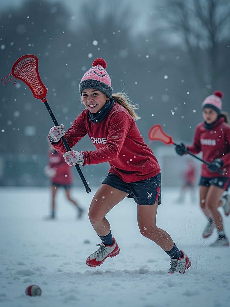 A girls lacrosse team plays together in a snowy field during a Christmas storm. Players wear red jerseys with festive hats. Snowflakes fall around them creating a magical winter scene. The atmosphere feels energetic and joyful, showcasing teamwork and winter play.