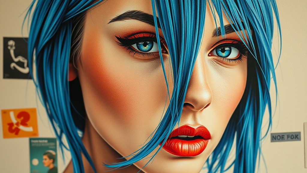 A close-up illustration of a person with striking blue hair and vibrant makeup.