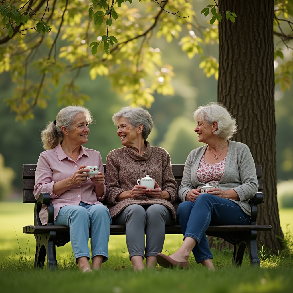 Three elderly women enjoy a conversation while sitting on a park bench, sipping tea under the shade of a tree.