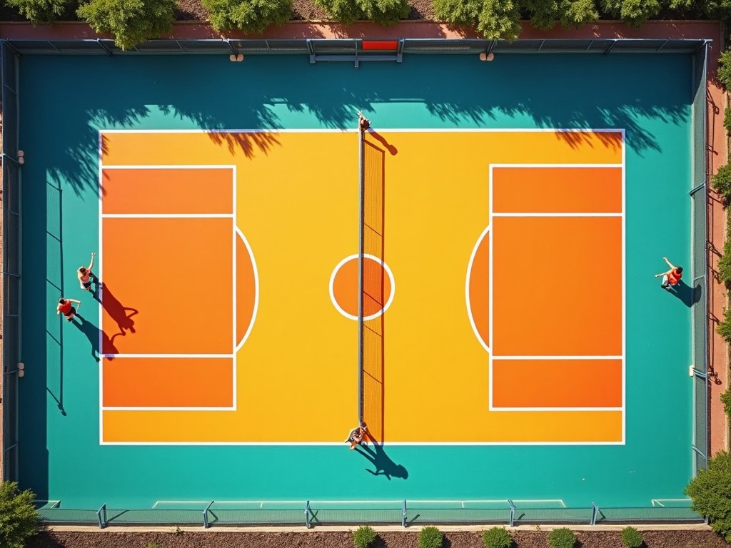 This image shows a volleyball court viewed from above, featuring a vibrant color scheme of orange and teal. Players are positioned around the court, likely in a training or recreational game. The unique aerial perspective highlights the design and layout of the court. The bright and sunny atmosphere adds to the energetic feel of the scene. This type of court is often found in parks or sports complexes, making it accessible for local volleyball enthusiasts.