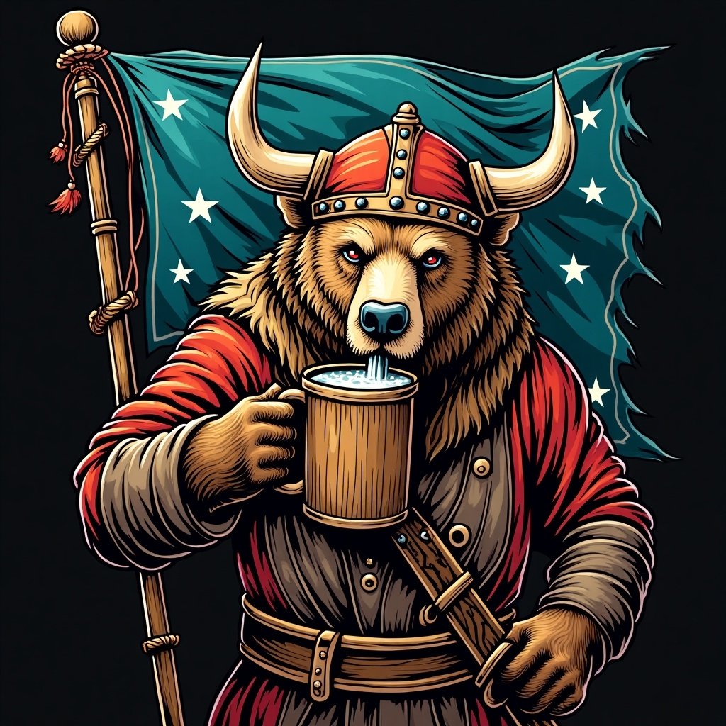 Viking bear holding a mug. Bear is dressed in Viking attire with a helmet and armor. Background features a pirate flag with stars. Bold colors and detailed illustration.