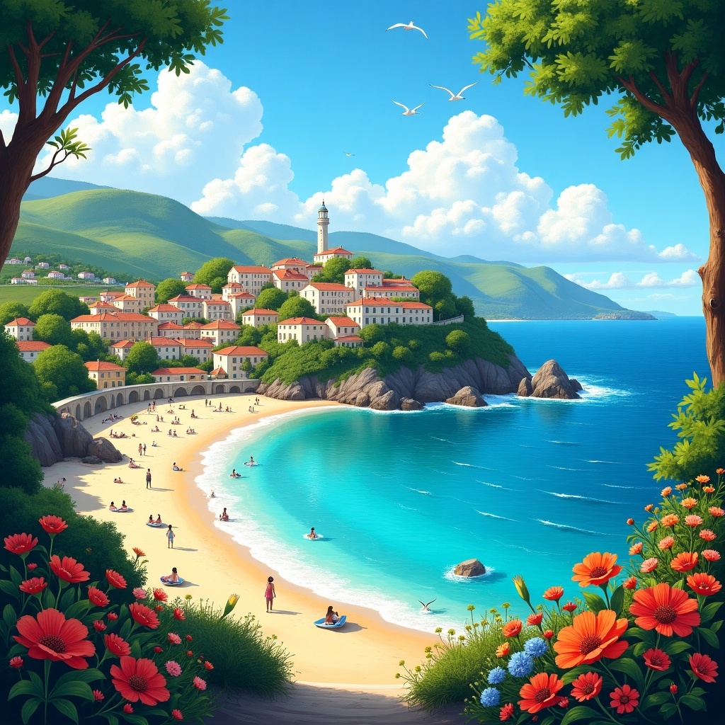 A vibrant beach area with a charming town on a hillside. Sandy shores alongside clear turquoise waters with people enjoying a sunny day. Lush greenery frames the scene with colorful flowers in the foreground. Fluffy white clouds over rolling hills and seagulls flying.