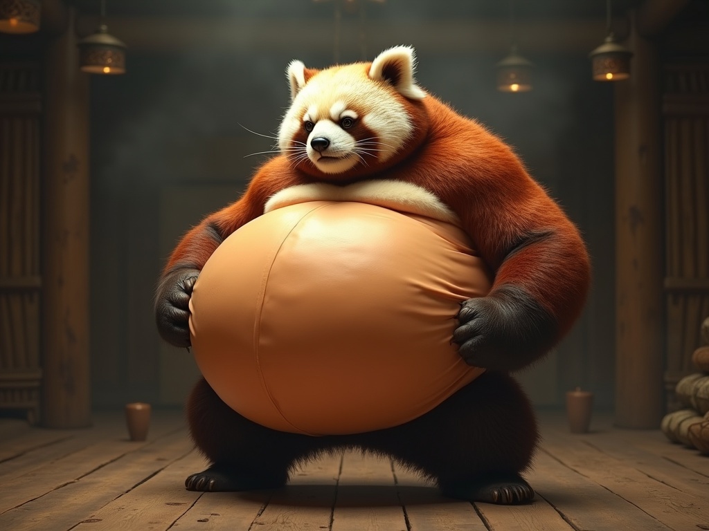 A chubby Kung Fu panda with a big belly in a rustic dojo. His belly is pale orange and glistening. He looks nervous while hunching over. The fur on his arms and legs is tight. The environment is smoky with shadows. Comedic aesthetic. Belly emits faint rumbling sounds.