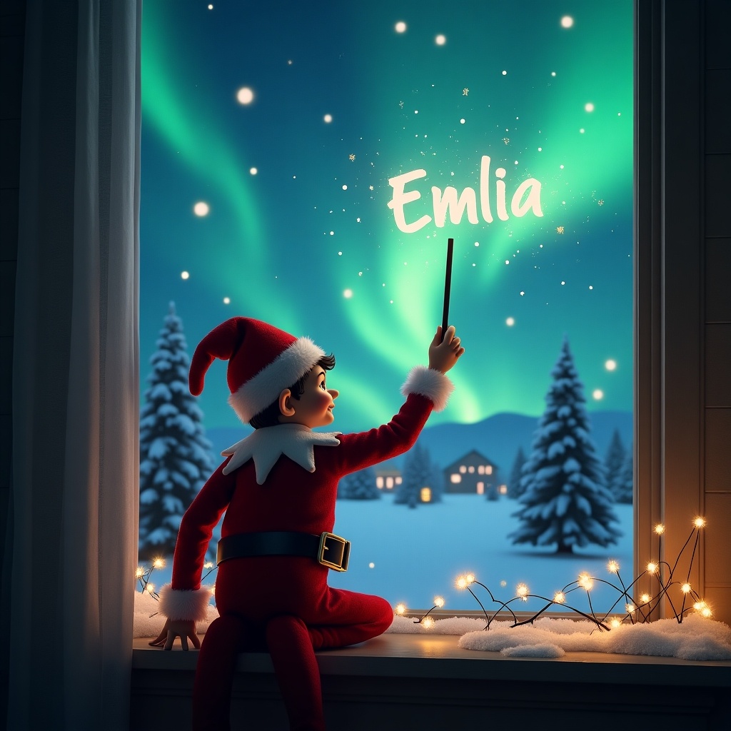 This image features an Elf on the Shelf character with its back to the viewer. The elf is facing the sky and using a wand to magically write the name 'Emilia' among the stars. The background showcases a stunning northern lights display, illuminating a wintery landscape complete with snow-covered trees and distant houses. Cozy holiday lights decorate the window sill, adding to the magical Christmas ambiance. This enchanting scene evokes feelings of joy and wonder, perfect for the festive season.