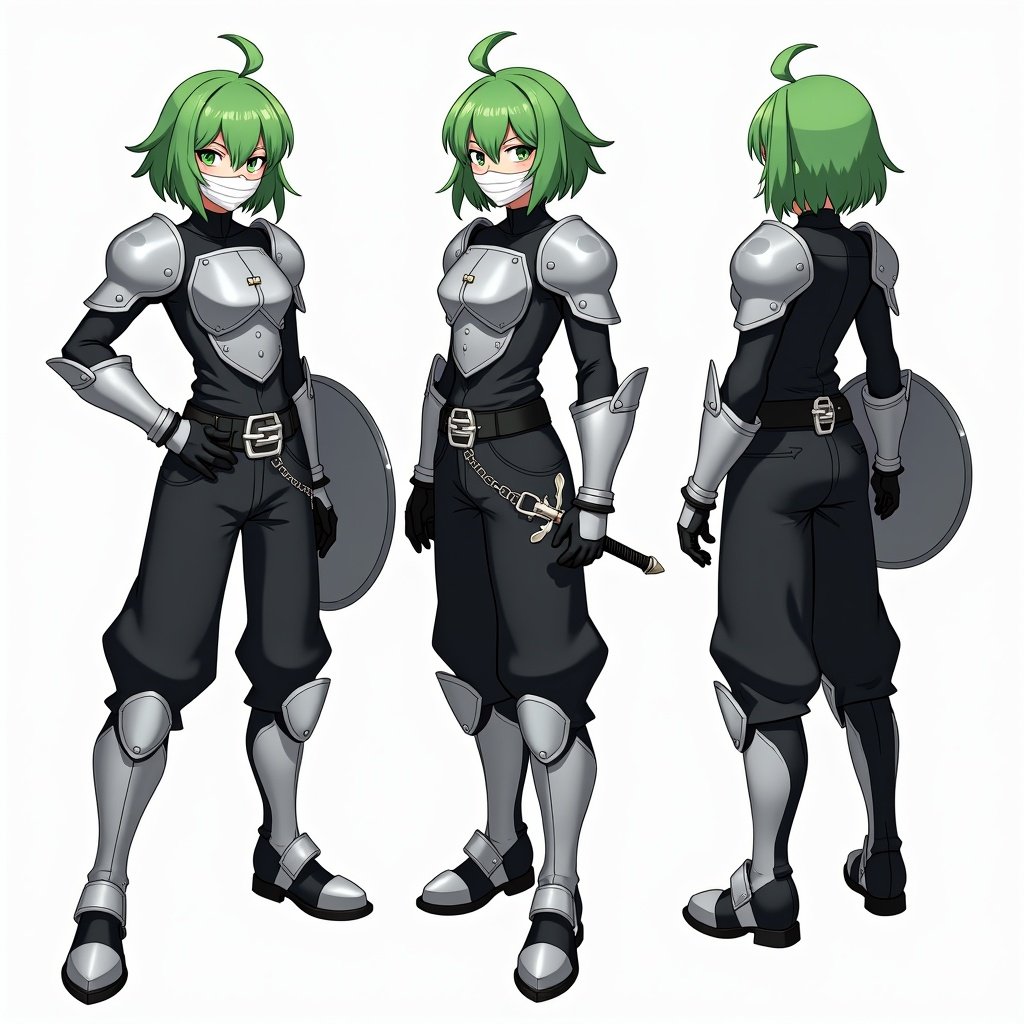 Anime mercenary tomboy character has green hair with curtain bangs. Wears a white face mask and metal armor. Features a black shirt, baggy pants, and large silver-buckle belt. Includes a silver shield. Presented in front, side, and back views.