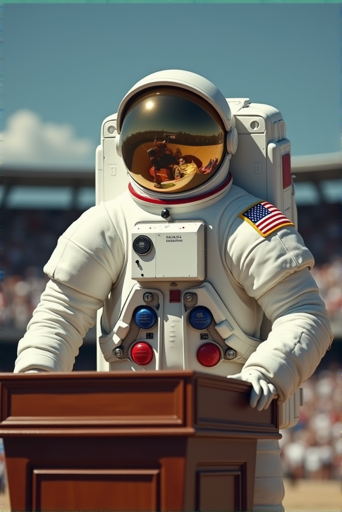 An astronaut wearing a space suit stands at a podium outdoors, with a crowd reflected in their helmet.