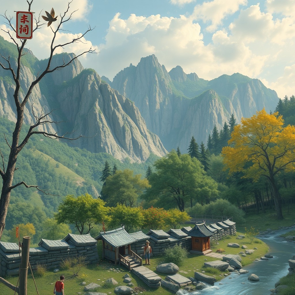 A picturesque scene of a serene mountain landscape with traditional buildings near a flowing stream.