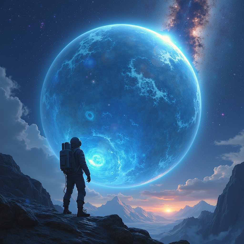 A person in a spacesuit gazes up at a massive blue planet in a stunning alien landscape.