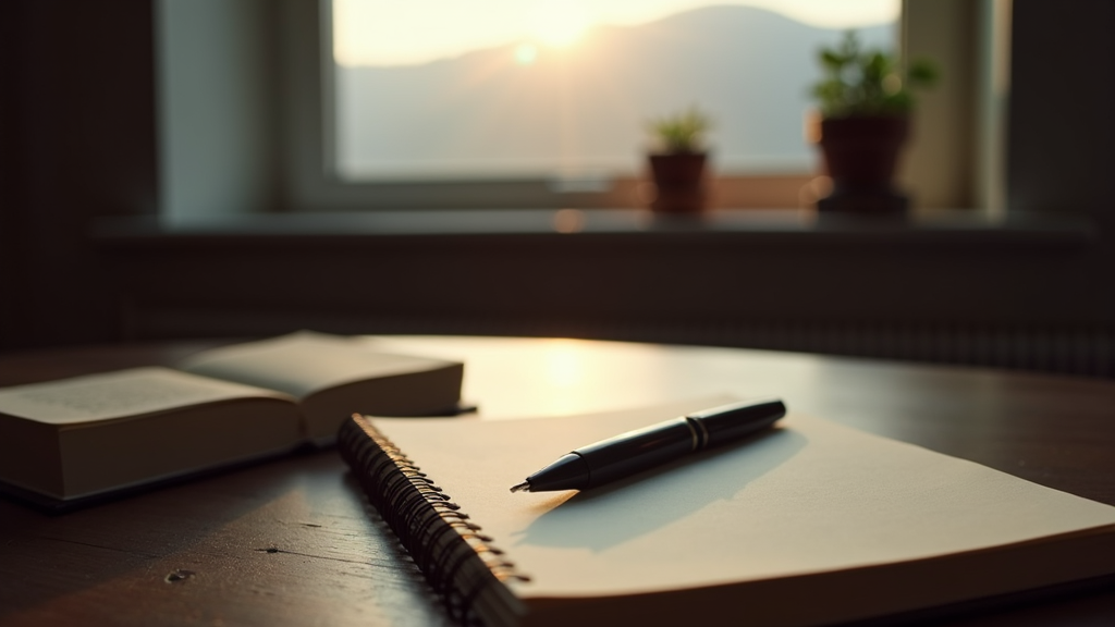 A pen rests on an open notebook with an open book nearby, softly lit by a window at sunset.