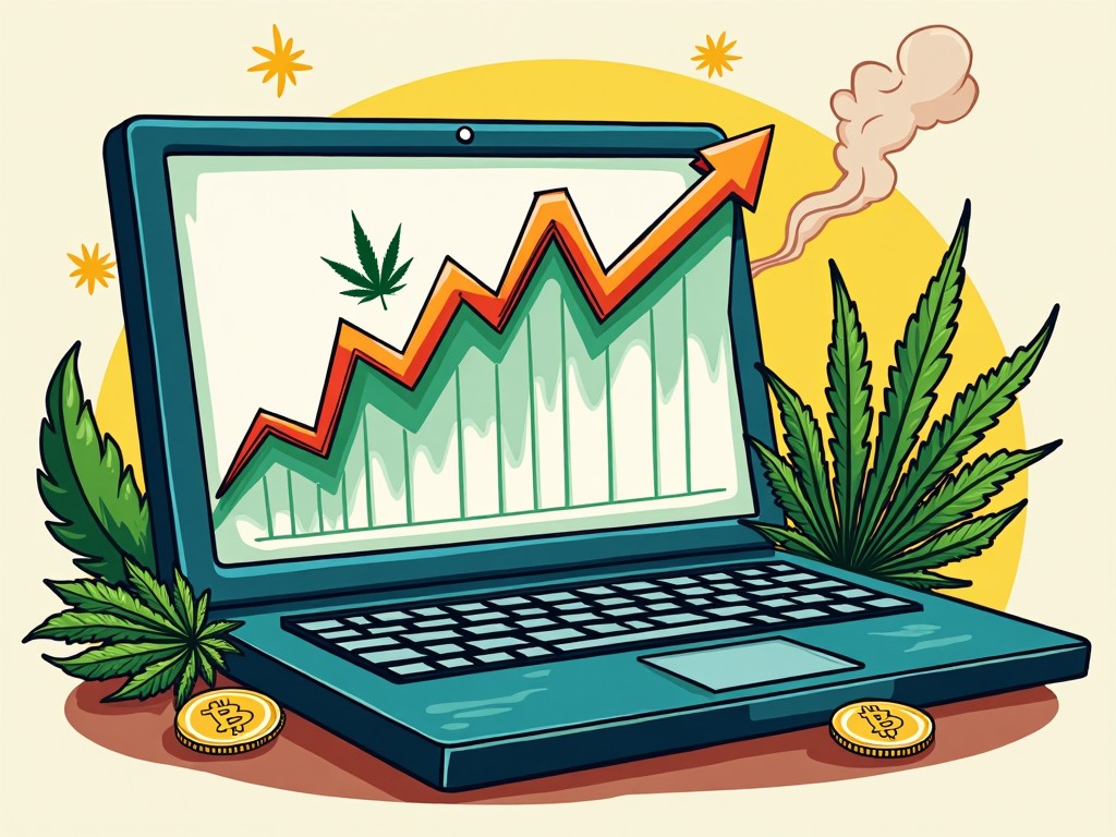 The image features a laptop displaying an upward trending graph representing growth, surrounded by cannabis leaves and coins. The screen has a visual indicating a marijuana meme coin, showcasing the intersection of cannabis and cryptocurrency. The background is bright with a sun or halo effect, emphasizing positivity and growth. This artistic representation conveys a sense of excitement in the cannabis crypto market. The combination of elements suggests an optimistic future for investments in this sector.