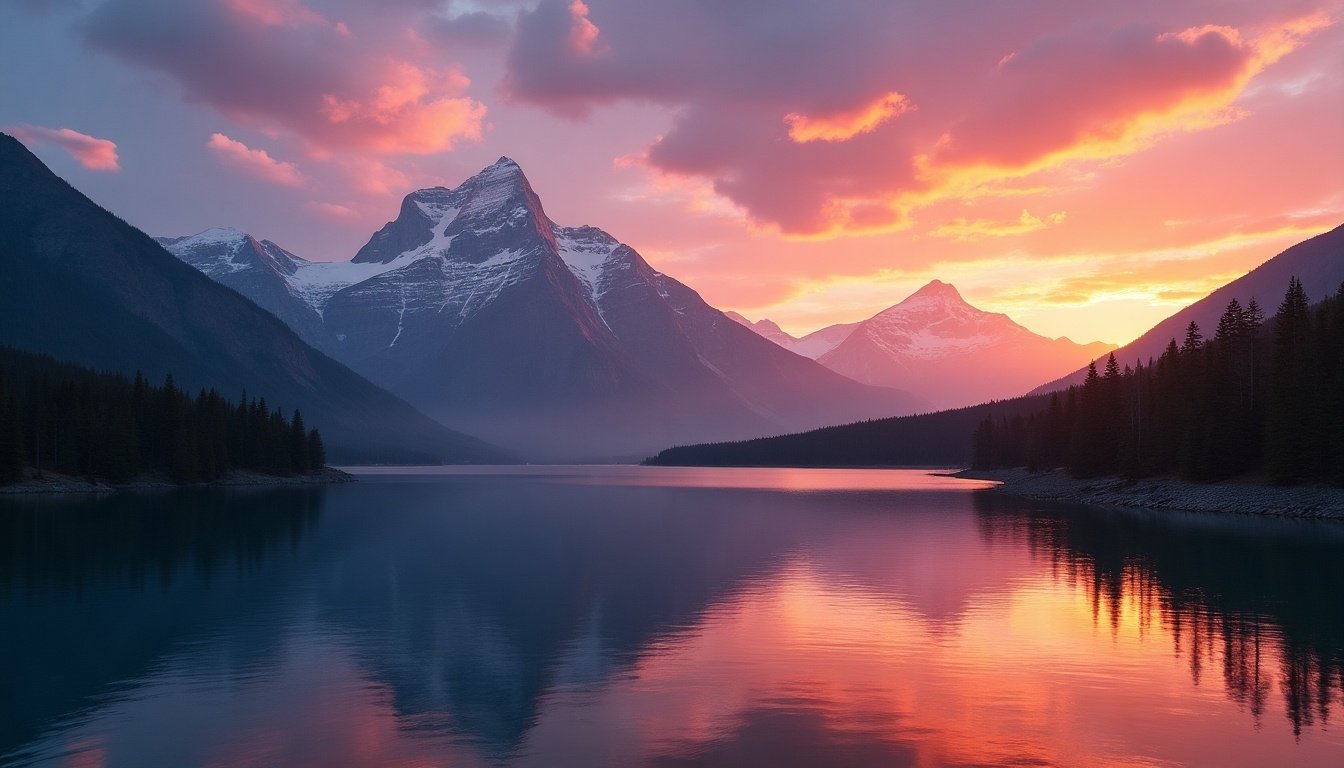 Scenic mountain landscape with vibrant sunset. Reflective lake in foreground. Surrounding pine forests and distant peaks. Colorful clouds in sky.