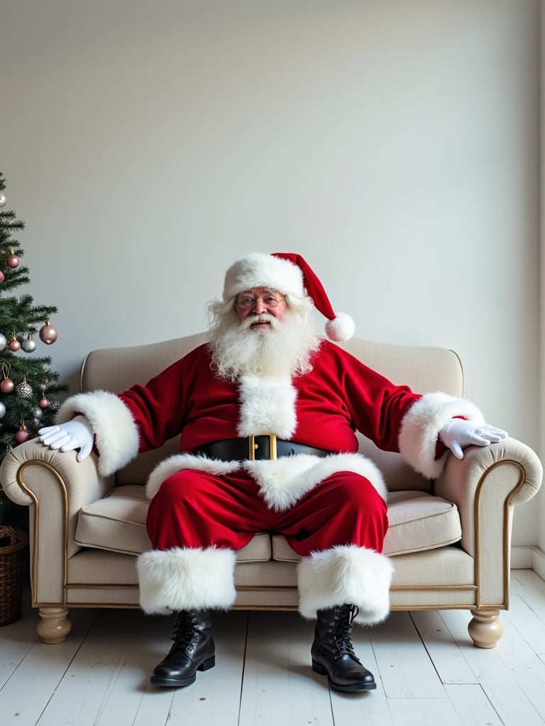 Santa Claus dressed in red and white seated comfortably on a beige sofa in a well-lit white room. A Christmas tree decorated with ornaments is nearby.